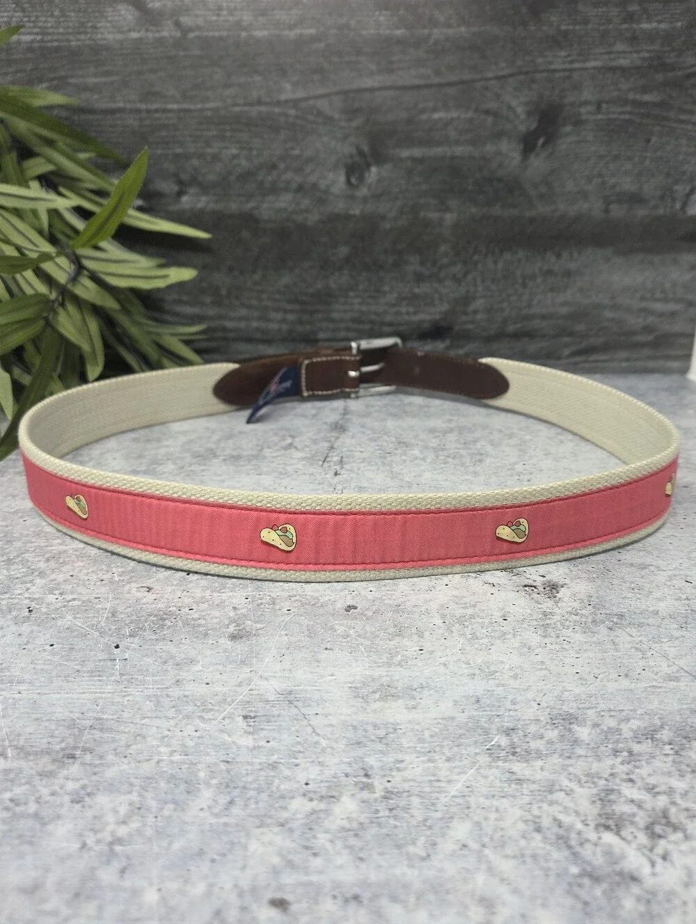 Vineyard Vines Quirky Taco Print Belt Brown Leather Coral Silk Fabric Size 36